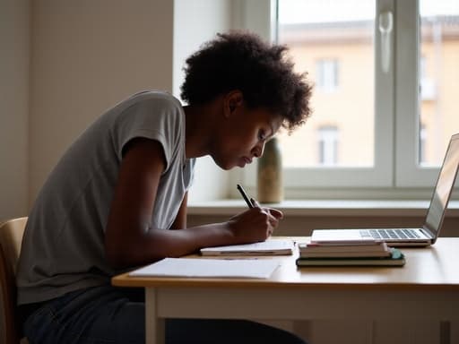 20대 초반 아프리카계 여성의 반신 사진이 촬영되었습니다. 그녀는 편안한 티셔츠와 청바지를 입고 있으며, 노트에 글을 쓰는 동안 피곤한 표정을 짓고 고개를 약간 숙이고 있습니다. 배경에는 온라인 강의실이 설정되어 있고, 책상 위에 노트북과 교재가 놓여 있어 집중하는 분위기를 자아냅니다.