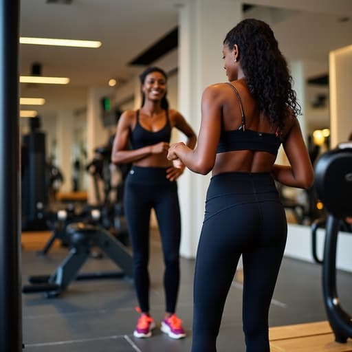 이미지는 현대적인 헬스장에서 운동복을 입고 거울 앞에서 옷을 조정하며 자신을 점검하는 중년의 흑인 여성의 모습을 담고 있습니다. 그녀의 활기차고 긍정적인 표정은 운동에 대한 열정을 잘 나타내며, 밝고 동기부여가 되는 환경의 운동 기구들과 함께 배치되어 있습니다.