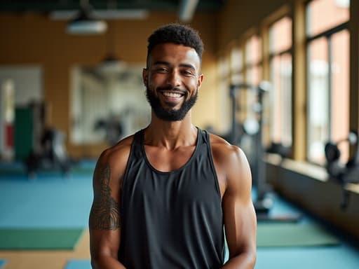 30대 초반의 중동계 남성이 헬스장 내에서 요가 자세를 취하며 자신감 넘치는 모습으로 반신 촬영되었습니다. 그는 자연스러운 외모에 어울리는 트렌디하고 기능성 운동복을 입고 있습니다. 배경은 운동 기구와 매트로 가득 찬 활기찬 헬스장 환경을 보여주며, 동기 부여와 웰빙의 분위기를 자아냅니다.