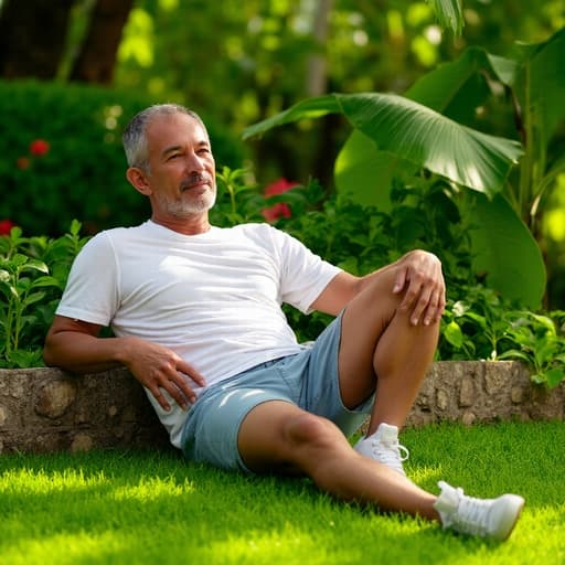 50대 초반의 라틴계 남성이 편안한 티셔츠와 반바지를 입고, 푸르른 정원에서 다리를 뻗고 앉아 무관심한 표정을 지으며 자연스럽게 휴식을 취하는 모습. 부드러운 햇빛이 장면을 감싸고 있다.