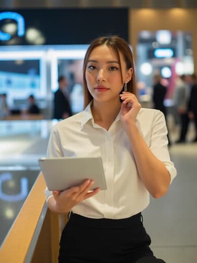 20대 초반의 백인 여성으로, 세련된 블라우스와 슬랙스를 입고 있는 모습의 반신 샷을 촬영합니다. 그녀는 한 손에 태블릿을 들고 다른 손으로 화장하며 자신감 있는 미소를 지으며 전자기기가 진열된 전자매장 배경 앞에서 포즈를 취하고 있습니다. 자연스러운 조명이 그녀의 특징을 강조해 주며 세련되고 매력적인 분위기를 연출합니다.