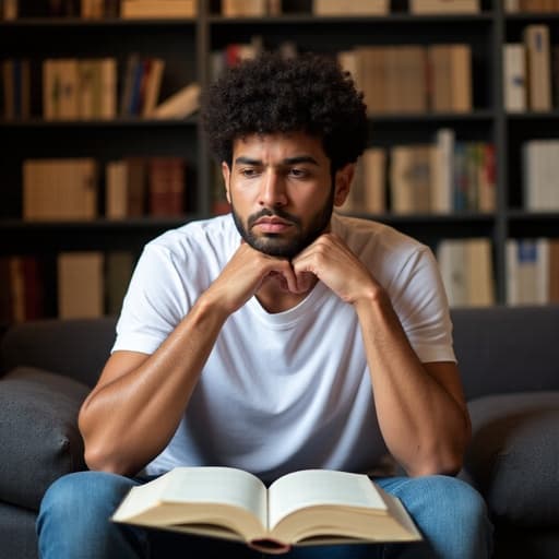 이 이미지는 자연스러운 모습의 30대 중반 라틴계 남성이 학습실의 소파에 앉아 있는 장면을 담고 있습니다. 그는 편안한 티셔츠와 청바지를 입고, 손으로 턱을 괸 채로 실망한 표정을 지으며 펼쳐진 책을 바라보고 있으며, 주변에는 교육 자료로 가득한 책장이 있습니다.