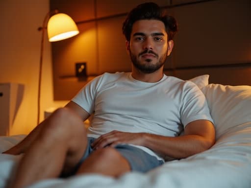 이 이미지는 30대 후반의 중동계 남성이 편안한 캐주얼 티셔츠와 반바지를 입고 아늑한 침대에 앉아 약간 피곤한 표정을 짓고 있는 모습을 담고 있습니다. 따뜻한 조명과 아늑한 침실의 분위기가 그가 잠시 휴식을 취하는 느낌을 더욱 강조합니다.