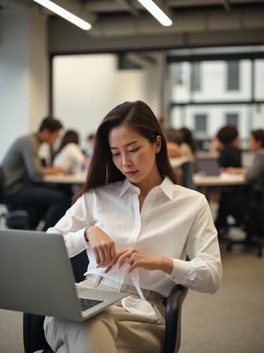 30대 중반의 자연스러운 외모를 가진 한국인 여성이 모던한 디자인의 공유 오피스에 앉아 노트북으로 작업하고 있습니다. 편안한 캐주얼 블라우스와 슬랙스를 착용한 그녀는 편안하면서도 전문적인 분위기를 자아냅니다. 자연스러운 미소를 지으며 문서 작업을 하고 있는 모습에서 집중과 열정을 보여줍니다. 배경에는 다양한 사람들이 열심히 일하는 세련된 사무환경이 펼쳐져 있어 협업과 생산성의 분위기를 더합니다.