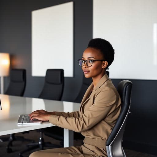 40대 중반의 흑인 여성이 세련된 비즈니스 복장을 하고 현대적인 회의실 테이블에 앉아 키보드를 타이핑하며 모니터를 주시하고 있는 모습으로, 차가운 표정을 지으며 집중하고 있는 모습이 화이트보드가 있는 현대적인 사무실 환경에서 담겨 있습니다.