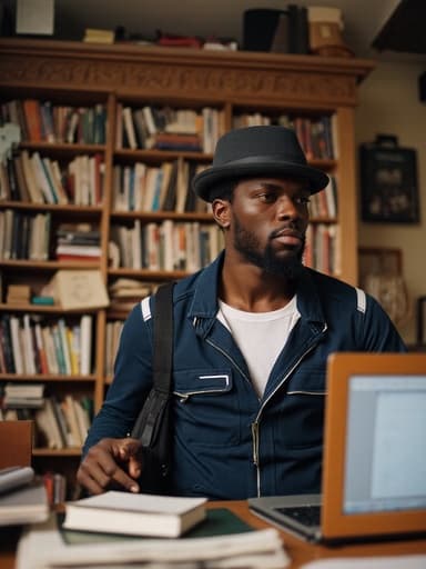 편안한 스포츠웨어를 착용한 30대 중반의 흑인 남성이 책상 위의 노트북을 바라보며 당황한 표정을 짓고 있는 반신 사진. 그는 어깨에 가방을 매고 있으며, 책과 학습 자료로 가득한 아늑한 공부방에서 호기심과 깊은 생각을 나타내고 있습니다.