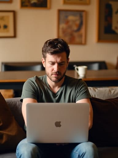 30대 중반의 유럽계 남성이 아늑하게 꾸며진 거실의 소파에 앉아 반신 촬영된 모습입니다. 그는 캐주얼한 티셔츠와 청바지를 입고 팔짱을 끼고 노트북 화면을 바라보며 불만스러운 표정을 짓고 있습니다. 벽에는 예술 작품들이 걸려 있어 창의적인 분위기를 더합니다.