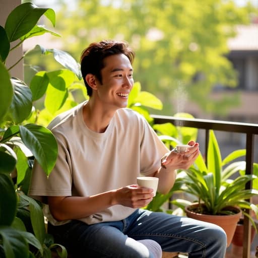 20대 초반의 동양인 남성이 햇살이 잘 드는 베란다에 앉아 편안한 티셔츠와 청바지를 입고 있습니다. 그는 커피 컵을 들고 밝게 웃으며, 주변에는 푸르른 식물들이 있어 따뜻한 분위기를 더하고 있습니다.