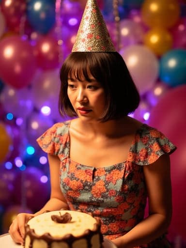 30대 중반의 동양인 여성이 화려한 생일 파티 드레스와 생일 모자를 쓰고, 눈가에 눈물이 고인 채 생일 케이크를 향해 달려가는 모습의 전신 사진. 화려한 풍선과 반짝이는 조명으로 가득한 축제장 분위기 속에서 슬픔과 축제가 교차하는 감정의 순간을 포착합니다.