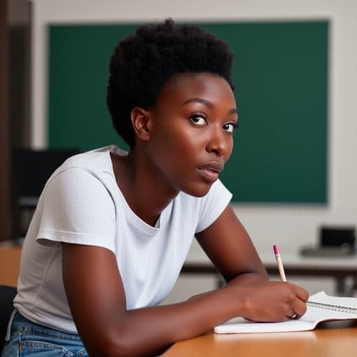 20대 후반 아프리카계 여성이 편안한 티셔츠와 청바지를 입고 반신 촬영된 모습입니다. 그녀는 놀란 표정으로 눈을 크게 뜨며 노트에 집중해서 글을 쓰고 있습니다. 배경에는 컴퓨터 화면과 책상이 보이는 온라인 강의실 환경이 조성되어 있습니다. 자연스러운 조명이 장면을 강조하며, 학습 과정에 대한 그녀의 몰입을 부각시킵니다.