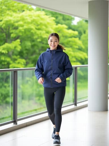 편안한 운동복을 입고 베란다에서 달리고 있는 30대 후반의 한국인 여성의 전신 사진. 아름다운 정원이 배경으로 펼쳐져 있으며, 그녀의 자연스러운 아름다움과 즐거운 표정이 신선한 공기를 느끼며 활력을 얻고 있는 모습을 담고 있습니다.