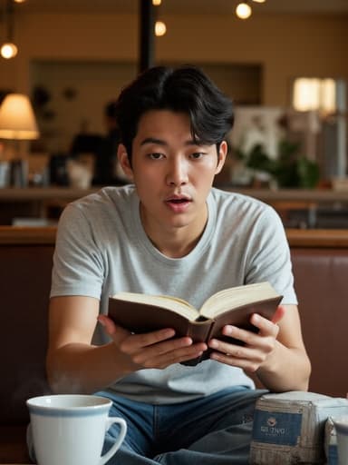 20대 초반의 아시아계 남성이 캐주얼한 복장을 하고 아늑한 카페 테이블에 앉아 책을 들고 놀란 표정을 지으며 읽고 있다. 테이블 위에는 커피 한 잔과 여러 권의 책이 놓여 있어 따뜻한 분위기를 자아낸다.