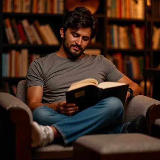 30대 후반의 중동계 남성이 편안한 티셔츠와 캐주얼한 청바지를 입고 조용한 도서관에서 앉아 있는 반신 촬영입니다. 그는 다리를 뻗고 책을 읽으며 여유롭고 평화로운 표정을 짓고 있습니다. 도서관의 따뜻한 조명이 주위의 다양한 책들을 비추며 아늑한 분위기를 더하고 있습니다.