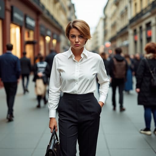 40대 초반의 유럽계 여성이 세련된 블라우스와 슬랙스를 입고 고급스러운 핸드백을 들고 있는 반신 촬영입니다. 그녀는 약간의 불만을 드러내며 짜증난 표정을 짓고 있습니다. 한 쪽 다리를 앞으로 내밀고 손은 허리에 얹은 채로 기다리는 자세로, 도시의 분주한 거리에서 사람들과 차량이 오가는 모습과 상점들이 늘어선 풍경이 배경을 이루고 있습니다.