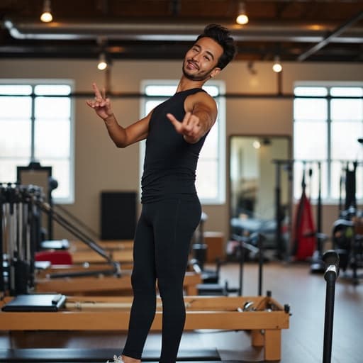 30대 초반의 자신감 넘치는 동양인 남성이 편안한 운동복과 필라테스 전용 레깅스를 착용한 채 헬스장에서 필라테스 매트 위에서 균형을 잡고 있는 모습이 담긴 반신 사진입니다. 운동 기구로 가득 찬 밝은 조명 속에서 활기와 힘을 발산하고 있습니다.