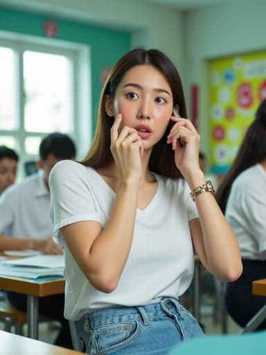 밝고 화사한 교실에서 캐주얼한 티셔츠와 청바지를 입은 10대 후반의 한국인 여성이 전화를 귀에 대고 놀란 표정을 짓고 있는 반신 촬영.