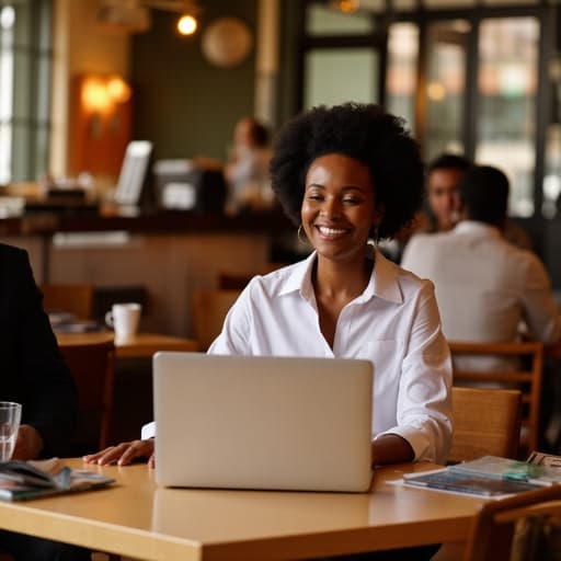 30대 중반의 아프리카계 여성이 세련된 블라우스와 슬랙스를 입고 아늑한 카페 테이블에 앉아 노트북으로 데이터를 분석하고 있습니다. 그녀의 우아한 표정과 심플한 귀걸이는 자신감 있는 모습에 더해지며, 커피와 책들로 가득한 카페의 따뜻한 분위기가 그녀의 집중적인 작업을 돋보이게 합니다.