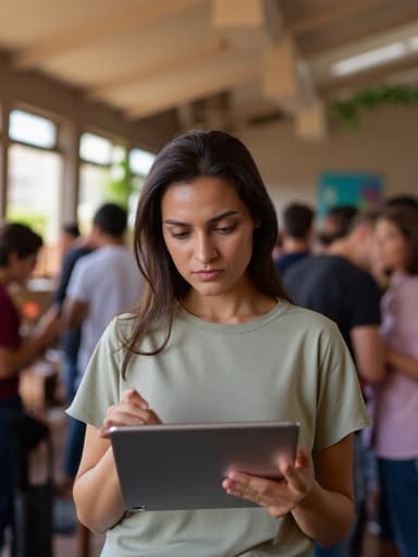40대 초반의 중동계 여성이 편안한 티셔츠와 청바지를 입고 두 손으로 태블릿을 들고 집중해서 화면을 바라보며 불안한 표정을 짓고 있는 반신 사진. 배경은 다양한 사람들이 가득한 활기찬 커뮤니티 센터로, 활동적이고 생동감 넘치는 분위기를 담고 있다.