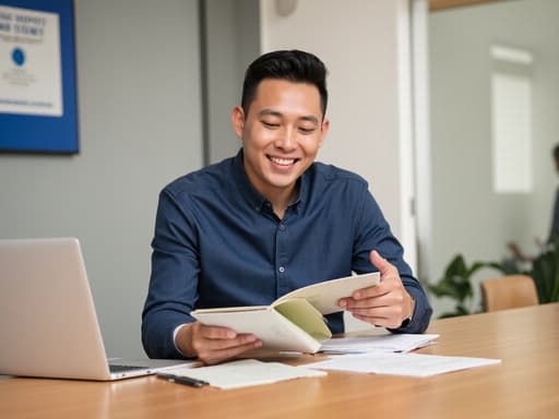 30대 중반의 아시아계 남성이 자연스러운 외모로 반신 촬영된 모습입니다. 그는 편안한 캐주얼 셔츠와 청바지를 입고 있으며, 긍정적인 미소를 지으며 책을 읽고 있습니다. 한 손으로 책을 잡고 다른 손으로 페이지를 넘기고 있습니다. 현대적인 디자인의 회의실 배경은 밝은 조명과 함께 테이블 위에 노트북과 문서가 놓여 있어 생산적이고 매력적인 분위기를 자아냅니다.