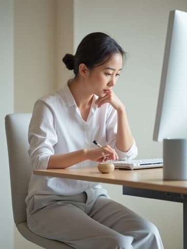 40대 중반의 한국인 여성이 세미 정장 차림으로 회의실의 책상에 앉아 컴퓨터 화면을 바라보며 긴장한 표정으로 메모를 하고 있는 모습. 화이트보드가 있는 깔끔한 공간이 전문적인 분위기를 강조합니다.