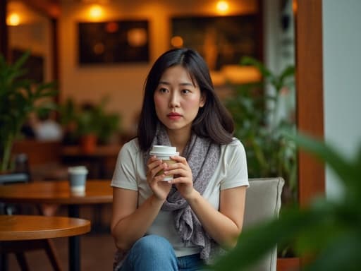 20대 중반의 아시아계 여성이 아늑한 카페에 앉아 있습니다. 편안한 티셔츠와 청바지, 세련된 스카프를 착용하고 있으며, 불안한 표정을 지으며 커피 잔을 두 손으로 감싸고 약간 움츠린 자세로 앉아 있습니다. 따뜻한 조명과 아늑한 카페의 분위기, 나무 테이블과 식물들이 조화를 이루어 이 순간을 완벽하게 만들어 줍니다.
