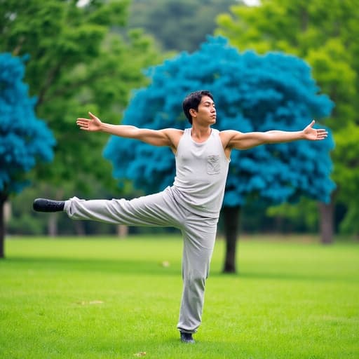 편안한 요가복을 착용한 20대 중반의 아시아계 남성이 한쪽 발로 균형을 잡고 요가 자세를 취하고 있는 반신 사진입니다. 그의 표정은 슬프고 깊은 고민에 잠긴 듯하며, 푸른 나무와 잔디가 어우러진 평화로운 공원 배경이 그를 둘러싸고 있습니다.