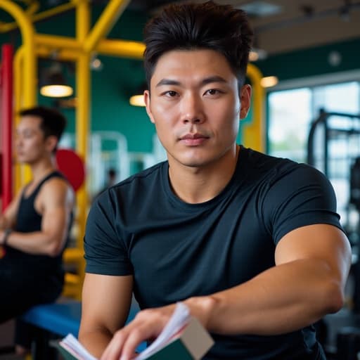 헬스장에서 책을 읽고 있는 30대 중반의 아시아계 남성의 반신 촬영. 세련된 운동복을 입고 밝은 조명 아래 자연스러운 자세와 표정으로 건강한 삶을 즐기는 모습이 담겨 있습니다.