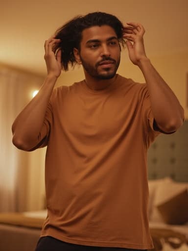 20대 후반의 자신감 넘치는 라틴계 남성이 편안한 티셔츠와 캐주얼한 바지를 입고, 머리를 스타일링하며 거울을 향해 손을 뻗고 있는 반신 사진. 따뜻한 조명으로 밝혀진 아늑한 침실 배경이 편안하고 초대하는 분위기를 만들어냅니다.