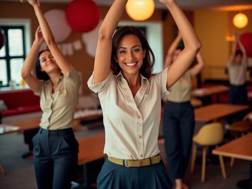 40대 초반의 아프리카계 여성과 동료들이 장식된 파티룸에서 스트레칭을 하며 즐거운 감정을 표현하고 있습니다. 캐주얼한 블라우스와 슬랙스를 입고 자연스러운 미소를 짓고 있는 그녀는 모임의 활기찬 분위기를 잘 드러내고 있습니다.