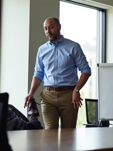 40대 중반의 라틴계 남성이 비즈니스 캐주얼 복장을 하고 있는 모습이 담긴 반신 사진이 촬영되었습니다. 그는 회의실에서 한쪽 발을 들어올려 신발을 신으며 당황한 표정을 짓고 있습니다. 배경에는 큰 창문과 화이트보드가 있는 현대적인 디자인의 회의실이 있으며, 자연광이 비쳐 전문적이면서도 매력적인 분위기를 자아냅니다.