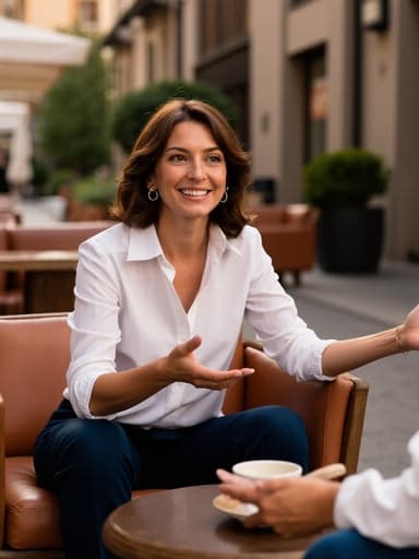 세련된 20대 중반의 유럽계 여성이 아늑한 거실의 소파에 앉아 동료와 활기찬 대화를 나누고 있습니다. 그녀는 고급스러운 액세서리로 장식된 세련된 블라우스와 슬랙스를 착용하고 있으며, 자신감과 세련미를 발산하고 있습니다. 표현이 풍부한 손 제스처가 생동감 있는 대화를 강조하고, 창을 통해 보이는 매력적인 카페 테라스가 아늑한 분위기를 만들어냅니다.