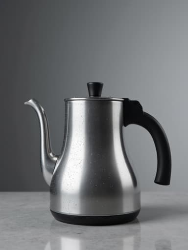 섬세한 물방울이 있는 광택 있는 스테인리스 스틸 주전자가 단조로운 회색 배경에 놓여 있어 미니멀하고 평화로운 분위기를 자아냅니다.