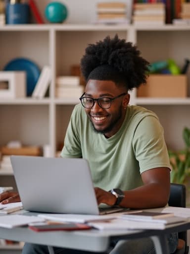 30대 초반의 자신감 넘치는 흑인 남성이 캐주얼한 티셔츠와 청바지를 입고 책상이 있는 곳에 앉아 노트북에 집중하고 있으며, 배경에는 다양한 학습 자료가 있는 온라인 강의실이 펼쳐져 있어 활기차고 영감을 주는 분위기를 자아내고 있습니다.