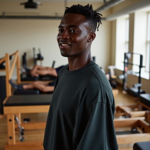 편안한 운동복을 입은 10대 후반의 흑인 남성이 슬픈 표정을 지으며 눈물을 흘리고 있는 반신 사진으로, 다양한 필라테스 기구가 배치된 필라테스 스튜디오에서 감정적이고 공감할 수 있는 분위기를 만들어냅니다.