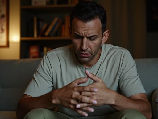 50대 초반의 라틴계 남성이 편안한 거실에서 앉아 우울한 표정을 짓고 있는 반신 촬영입니다. 그는 편안한 티셔츠와 슬랙스를 입고 손가락을 비비며 기다리는 모습입니다. 따뜻한 조명과 아늑한 배경이 그의 감정 깊이를 강조하며 감정적인 분위기를 만들어냅니다.