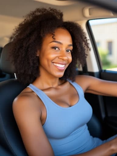40대 초반의 자신감 있는 흑인 여성이 세련된 필라테스 복장을 입고 반신 촬영된 모습입니다. 그녀는 행복한 미소를 지으며 운전하는 자세로, 필라테스 스튜디오로 향하고 있는 듯한 모습입니다. 배경에는 밝고 쾌적한 필라테스 스튜디오가 있어 그녀의 활기차고 건강한 라이프스타일을 반영하는 생동감 있고 긍정적인 분위기를 자아냅니다.