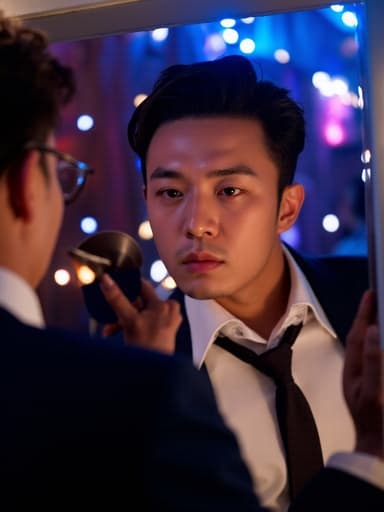 30대 중반의 동양인 남성이 정장 차림에 넥타이를 매고 거울 앞에 서서 조금 긴장한 표정으로 화장품을 바르고 있습니다. 화려한 조명이 비치는 클럽 내부가 그의 집중된 모습을 강조하며 생동감 있는 분위기를 자아냅니다.