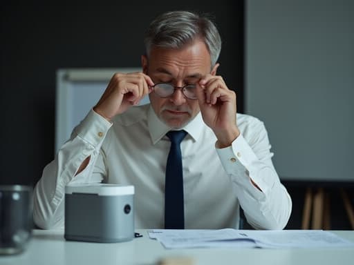 중반 40대의 유럽계 남성이 회의실 책상에 앉아 반신 촬영된 모습으로, 화이트 셔츠와 네이비 블루 넥타이를 매고 안경을 조정하며 프레젠테이션 자료를 바라보고 있습니다. 배경은 화이트 보드와 프로젝터가 있는 어두운 조명의 회의실로 구성되어 있습니다.