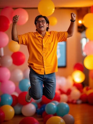 40대 중반의 동양인 남성이 밝은 색의 셔츠와 청바지를 입고 아름답게 장식된 파티룸에서 풍선과 조명으로 가득 차 있는 가운데 기념일을 축하하며 기쁘게 점프하고 있는 모습, 편안하고 행복한 표정을 짓고 있습니다.