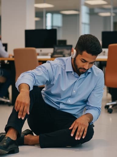 40대 초반의 열정적인 라틴계 남성이 공유 오피스에서 바닥에 앉아 전화기를 한 손으로 들고 다른 손은 무릎에 올리고 있는 모습의 반신 사진입니다. 그는 편안한 비즈니스 캐주얼 복장을 하고 있으며, 전화 통화에 집중한 표정으로 바쁜 사무실 환경에 둘러싸여 있습니다.