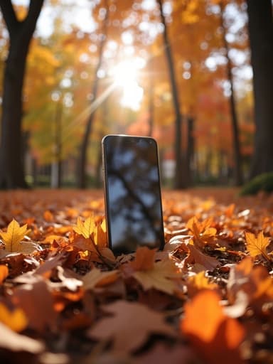 중심에 스마트폰이 있고, 다채로운 가을 나뭇잎에 둘러싸여 있으며, 나무 사이로 부드러운 햇빛이 비추고, 잎사귀의 섬세한 질감, 얕은 심도, 따뜻한 색조, 평화롭고 초대하는 분위기.