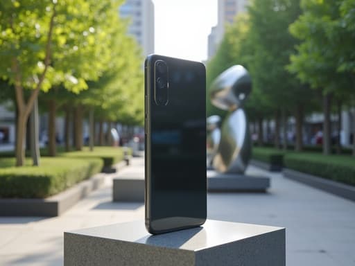 스마트폰, 디지털 기기, 현대 도시 공원과 생동감 넘치는 녹지 및 현대 조각품, 평화롭고 초대하는