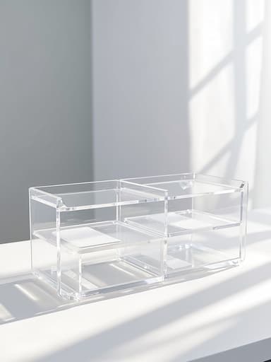 미니멀리스트 스튜디오에 있는 아크릴 정리함, 투명하고 세련된 디자인으로 평온하고 현대적인 분위기를 만듭니다.
