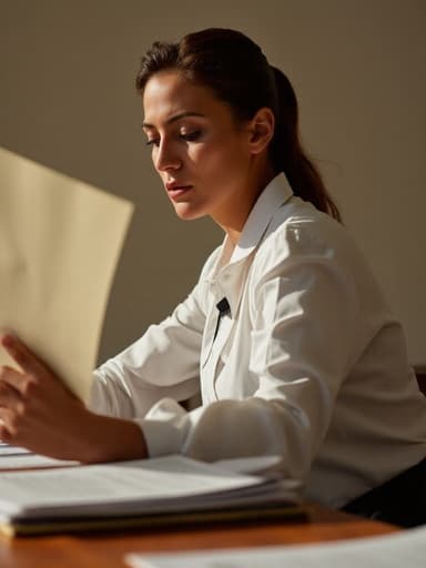 40대 중반의 중동계 여성이 깔끔한 블라우스와 정장 바지를 입고 정돈된 책상에 앉아 있습니다. 그녀는 책을 집중해서 읽고 있으며 긴장한 표정을 짓고 있습니다. 배경에는 서류와 노트북이 놓인 깔끔한 작업 공간이 있어 전문적인 분위기를 자아냅니다.