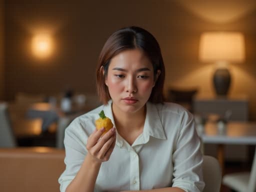 20대 중반의 아시아계 여성이 회의실처럼 꾸며진 아늑한 카페에 앉아 있으며, 캐주얼한 블라우스와 청바지를 입고 불만 가득한 표정으로 테이블 위의 음식을 바라보고 있습니다. 따뜻하고 초대하는 분위기 속에서 그녀의 분노를 포착한 순간입니다.