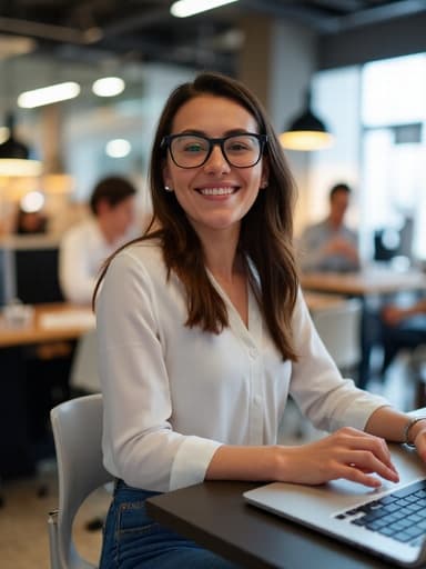 20대 중반의 자신감 있는 라틴계 여성이 현대적인 공유 오피스에서 노트북으로 작업하며 매력적인 미소를 짓고 있습니다. 캐주얼한 블라우스와 청바지를 입고 있으며, 배경에는 다른 사람들이 작업하는 활기찬 오피스 환경이 보입니다.
