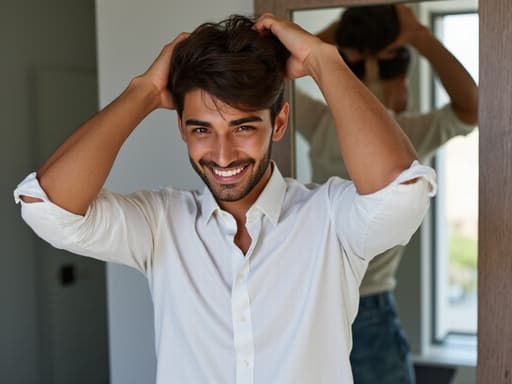 30대 중반의 매력적인 라틴계 남성이 스타일리시한 캐주얼 의상, 깔끔한 셔츠와 청바지를 입고 있는 반신 샷입니다. 그는 현대적인 거울을 바라보며 자신감 있게 헤어 스타일을 손질하고 있으며, 손은 뒤로 두고 있습니다. 배경은 깔끔하고 현대적인 인테리어로 꾸며져 있어 매력적인 분위기를 자아냅니다. 긍정적인 표정과 자신감 넘치는 미소가 전체적인 매력을 더합니다.