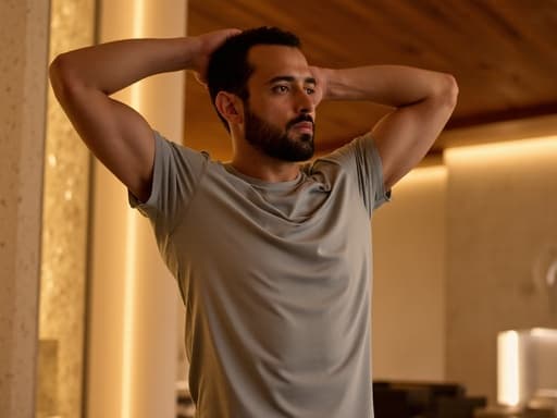 30대 중반의 중동계 남성이 운동복을 입고 아름다운 스파 환경에서 스트레칭하는 모습의 반신 사진. 그는 약간 긴장된 표정을 지으며 일상 생활의 스트레스를 강조하고 있으며, 아늑한 조명과 분위기가 웰빙과 휴식을 제공합니다.