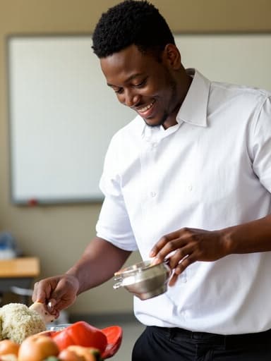 20대 중반의 자신감 있는 흑인 남성이 강의실에서 요리 도구를 사용하며 밝게 웃고 있는 모습이 반신으로 촬영되었습니다. 그는 깔끔한 흰색 셔츠와 검은색 바지를 입고 있으며, 화이트보드와 책상들이 있는 배경 속에서 영감을 주는 활기찬 분위기를 연출하고 있습니다.