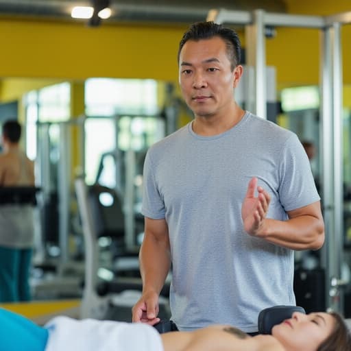 헬스장에서 운동복을 입고 있는 40대 중반의 동양인 남성이 마사지 기계와 상호작용하며 놀란 표정을 짓고 있습니다. 그의 손은 살짝 들려 있으며, 운동 기구들이 있는 활기찬 배경이 에너지를 더합니다.